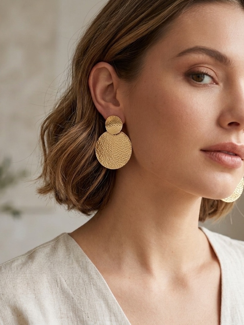Anthropologie Gold Textured Double Circle Stud Earrings